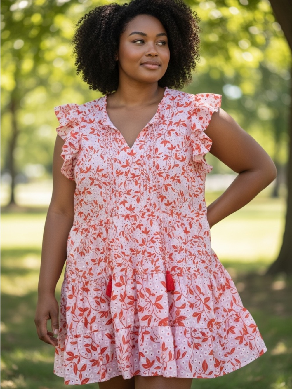CELINA MOON Pink and Coral Floral Ruffle Mini Dress SIZE XL